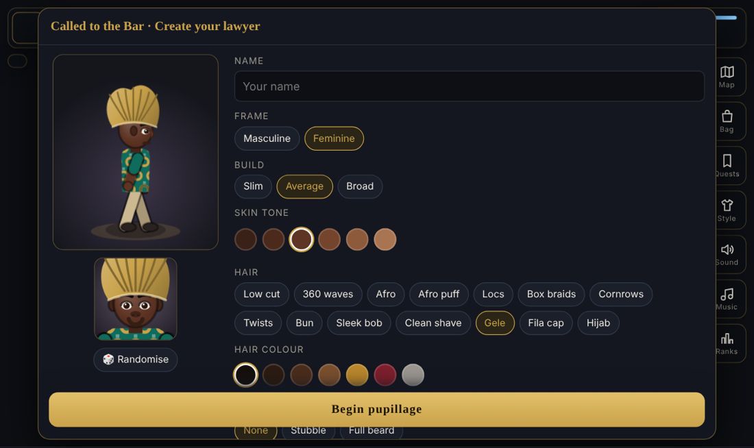 SILK character creator showing a lawyer in a gold gele