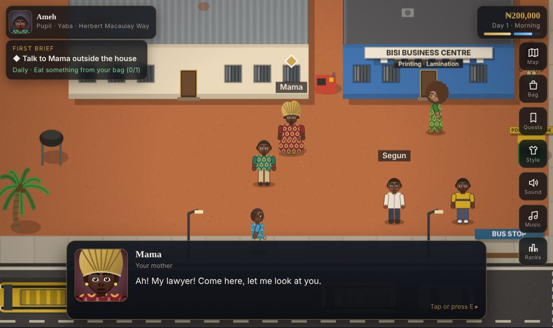SILK gameplay: a Yaba street with Mama, Segun the chambers clerk and the danfo bus stop